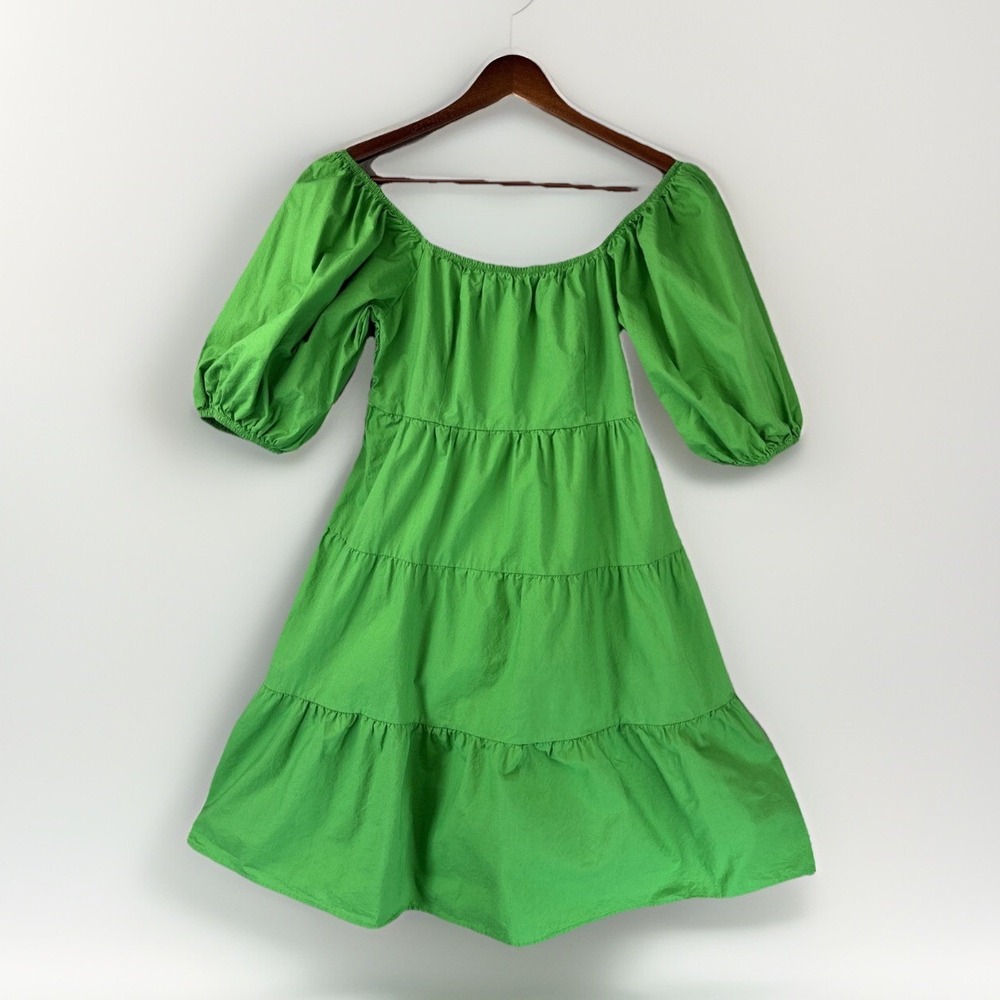 Sim & Sam Sun Dress S Peasant Green Tiered Puff Sleeve Smocked Cotton